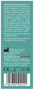 Tył turkusowego opakowania VOCARIN LACTI Spray do gardła z opisem produktu, kodem kreskowym i danymi producenta.