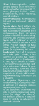 Tylna etykieta VOCARIN LACTI spray do gardła z maliną i miętą: skład, dawkowanie, użycie na zielonym tle.