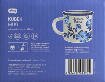 Niebieskie opakowanie kubka Eloy 350ml z grafiką białego kubka emaliowanego, niebieskimi kwiatami i 'Ukochana Babcia'.