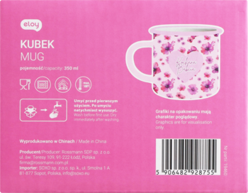 Różowe opakowanie kubka emaliowanego Elay 300 ml dla dzieci, z grafiką kwiatów i sercem.
