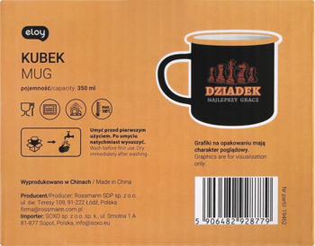 Tył brązowego opakowania kubka z czarnym kubkiem w szachy dla Dziadka, opisem i kodem kreskowym.