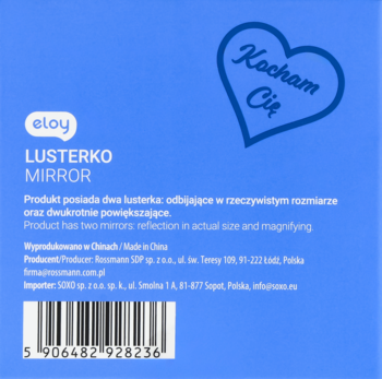 Tylne opakowanie lusterka Eloy, niebieskie z sercem Kocham Cię, dwoma lustrami i kodem kreskowym.