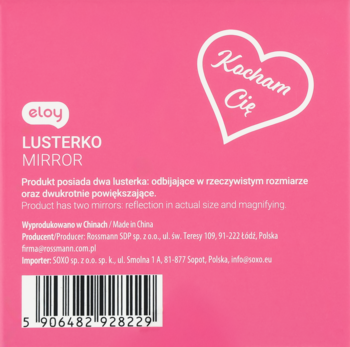 Różowe opakowanie lusterka Rossmann. Widok tyłu z opisem produktu, barkodem i sercem z napisem 'Kocham Cię'.