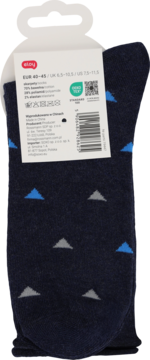 Granatowe skarpetki z wzorem w jasne trójkąty, zapakowane, widok przodem z białą etykietą i kodem kreskowym.