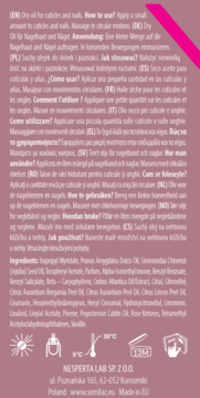 Tył suchego olejku Semilac do skórek i paznokci, biała etykieta z wielojęzycznym opisem i składem.