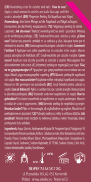 Tył różowego peelingu do skórek i paznokci Semilac z instrukcją, składnikami i ikonami produktu.