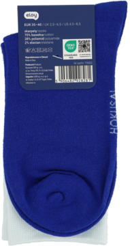 Tylna strona etykiety niebieskich bawełnianych skarpet eloy HOKUSAI, widoczny skład i rozmiar EUR 35-40.