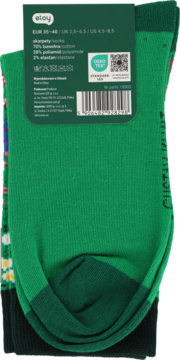 Zielone skarpetki Eloy, rozm. 35-40, z bawełny, złożone, widok z przodu z metką OEKO-TEX i napisem Gustav Klimt.