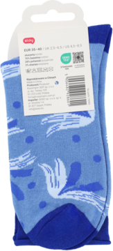 Tył opakowania niebieskich skarpetek Eloy z metką z rozmiarem i składem; widoczne biało-niebieskie wzory.
