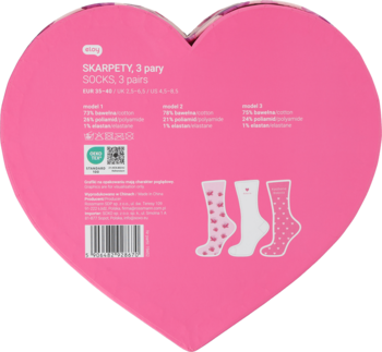 Różowe pudełko KEY SOCKS w kształcie serca. Tył opakowania z 3 parami skarpetek: serca, białe, kropki.