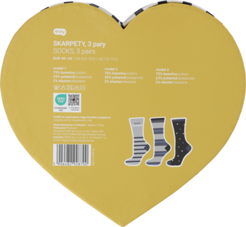 Żółte sercowate opakowanie 3 par skarpet z bawełny. Widok tyłu z pokazanymi wzorami i rozmiarem 40-46.