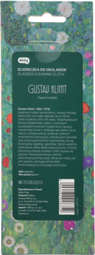 Tył ciemnozielonego opakowania ściereczki do okularów z wzorem Gustav Klimt, widoczny opis i kod kreskowy.