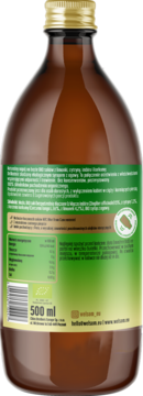 Tył brązowej butelki Welkome, napój owocowy z imbirem i kurkumą. Zielona etykieta z wartościami odżywczymi, 500ml.