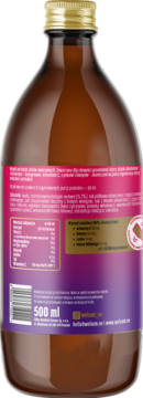 Tył brązowej butelki napoju Kolagen 10000 (500ml) z soki owocowe, kolagen wołowy. Etykieta z danymi odżywczymi.