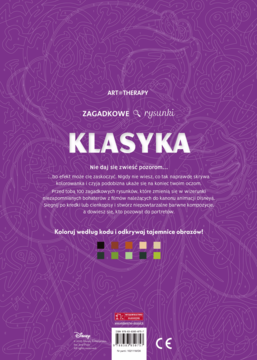 Fioletowa kolorowanka Art+Therapy Klasyka, tylna okładka z instrukcją 'Koloruj według kodu' i paletą barw.