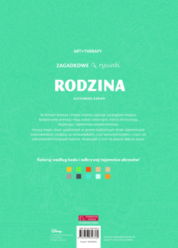 Turkusowa okładka kolorowanki ART & THERAPY "Rodzina". Grafika z instrukcją malowania wg kodu i paletą barw. Logos Disney.