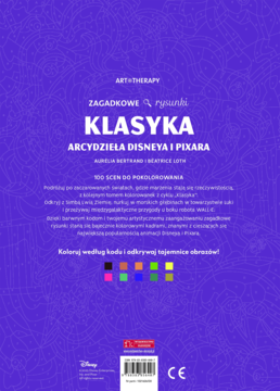 Ciemnofioletowa okładka kolorowanki Disney Pixar 'Klasyka Arcydzieła' z 100 zagadkowymi rysunkami i kodem barw.