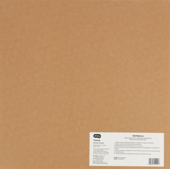 Tył brązowej płyty kartonowej lub bloku rysunkowego z białą etykietą informacyjną, widok od dołu.