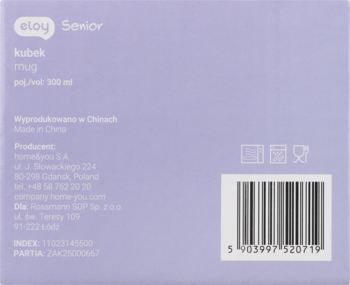 Tył jasnofioletowego opakowania kubka Eloy Senior 300 ml z polskim i angielskim opisem, symbolami prania i kodem kreskowym.