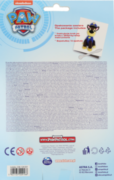 Tył opakowania super lekkiej masy plastycznej Paw Patrol. Tekst, instrukcja, figurka Chase i detale produktu.