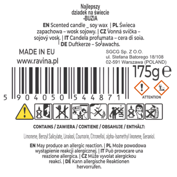Okrągła etykieta spod świecy sojowej Ravina Najlepszy dziadek na świecie, z kodem, składem, 175g.