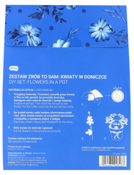 Tył niebieskiego opakowania DIY ZESTAW: KWIATY W DONICZCE z instrukcją, ilustracjami i kodem EAN.