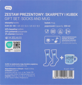 Tył niebieskiego opakowania zestawu upominkowego Skarpety i Kubek z instrukcjami prania, kodem QR i grafikami.