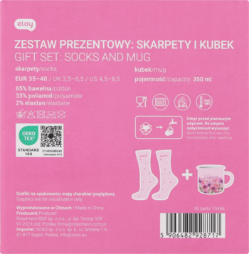 Eloy gift set: back of pink packaging showing white socks with logo, floral mug, and product details in Polish/English.