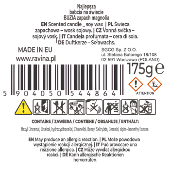 Okrągła etykieta świecy sojowej Ravina "Najlepsza babcia na świecie" (magnolia, 175g), z kodem i ikonami.