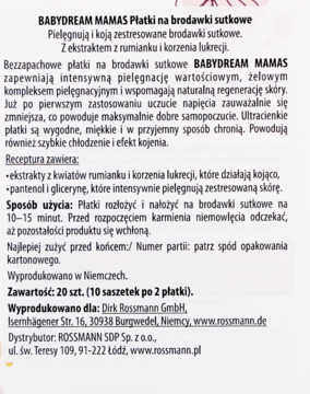 Tył opakowania BABYDREAM MAMAS Płatki na brodawki sutkowe, z polskim opisem działania, składu i użycia.