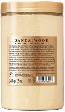 Tył przezroczystego słoja pudru do kąpieli Sandalwood, 340g. Widoczna etykieta ze składem nawilżającym.
