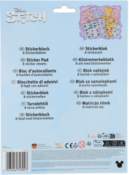 Tył opakowania bloczka naklejek Disney Stitch: niebieskie tło, wiele języków, widok naklejek, kod.