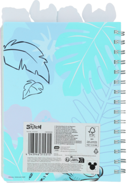 Tył notesu Stitch A5, spiralny, z okładką PP w tropikalne liście i naklejką produktową.
