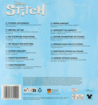 Tył niebieskiego opakowania zestawu piśmienniczego Disney Stitch z logo, kodem kreskowym i opisem produktu.