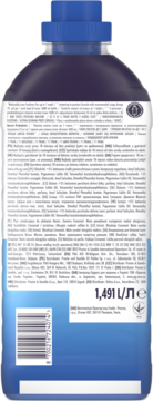 Tył niebieskiej butelki płynu Lenor Spring Awakening 1,491 L, fioletowy płyn, niebieska nakrętka, etykieta z barkodem.