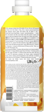 Tył butelki płynu do płukania Lenor Gold Orchid & Vanilla z białymi etykietami, kodem kreskowym, 1,239 L.