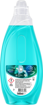 Tył butelki Coccolino Wonder Wash Speed Clean Żel do prania 1480ml, turkusowy płyn, etykieta z PRO-S i 15 min.