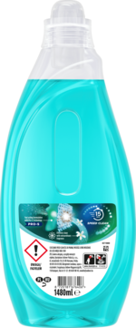 Tył opakowania teal-blue żelu do prania Coccolino Wonder Wash Speed Clean, z etykietą, 15 min, PRO-S, ostrzeżenie.