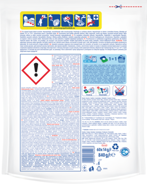 Tył opakowania kapsułek Persil Power Caps, z ikonami instrukcji, etykietami ostrzegawczymi i kodem kreskowym produktu.