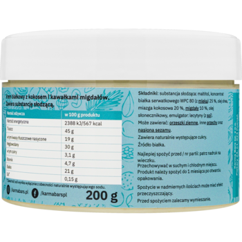 Tył opakowania kremu proteinowego Karma Coconut Crunchy Protein 200g. Biały słoik z tealową etykietą i tabelą wartości odżywczych.