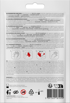 Tył opakowania maski do rąk erne Advanced Gloves Repairing, biała saszetka z instrukcją użycia i składnikami.