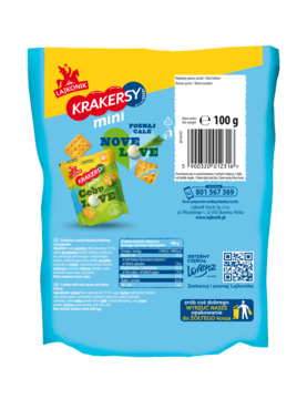 Tył niebieskiej paczki Lajkonik Krakersy mini o smaku śmietany i szczypiorku, z tabelą wartości.
