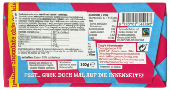 Tył opakowania czekolady Tony’s Chocolonely 180g z ciastkami i czekoladą. Różowo-niebieskie tło, tabela wartości.