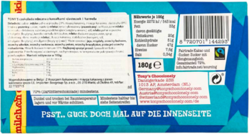Tył niebieskiego opakowania mlecznej czekolady Tony’s Chocolonely z kawałkami ciastek i czekolady, ze składem i kodem.
