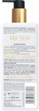 Tył białego żelu pod prysznic beBIO Dressed for Success 300ml z opisem składników aktywnych i barcode.