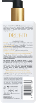 Tylna etykieta białej butelki żelu pod prysznic beBIO Dressed for Success 300ml z pompką, widoczne składniki i kod.
