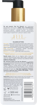 Tył białej butelki perfumowanego żelu pod prysznic beBIO Feel the Moment 300ml z trehalozą i składem.