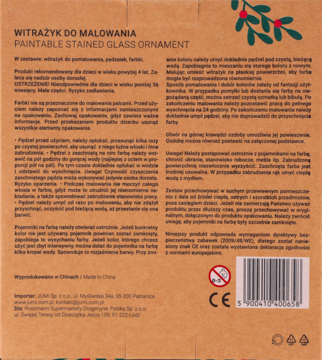 Tył brązowego opakowania zestawu do malowania witrażyków, z polskim tekstem, logo CE i kodem kreskowym.