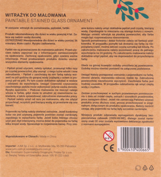 Tył brązowego opakowania witrażyka do malowania z instrukcjami, symbolami CE i ostrzeżeniami dla dzieci.