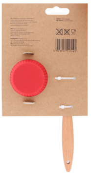 Tył brązowego kartonowego opakowania pędzla kuchennego z drewnianą rączką, widoczny czerwony okrągły element.